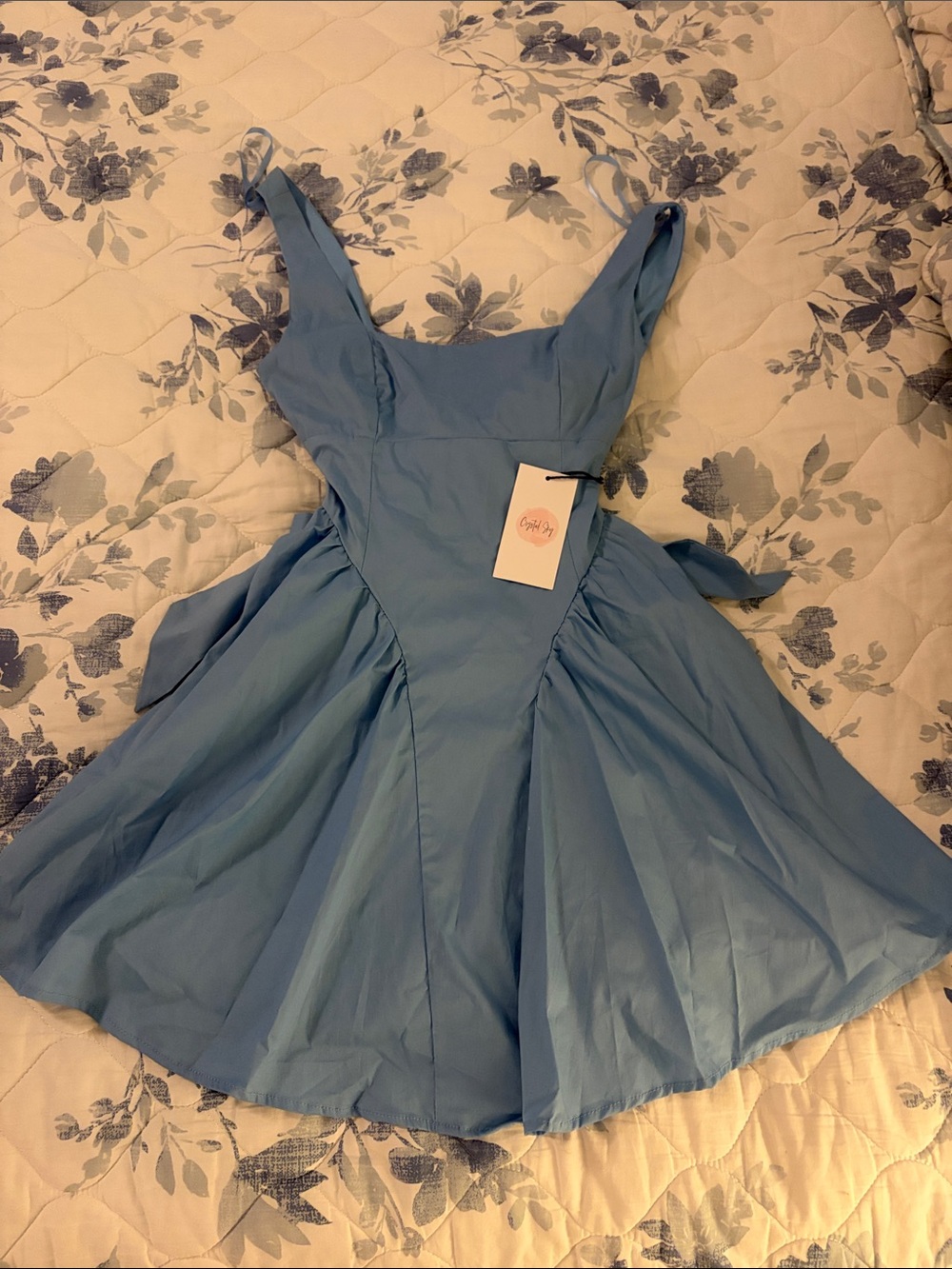 Crystal Sky Light Blue Mini Dress, Fitted bodice with Flared Skirt Sz M
